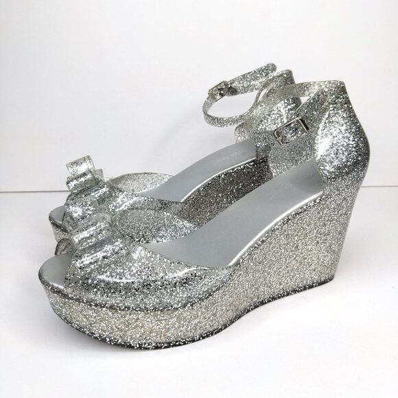 Wild Diva Silver Glitter Platform Heels Womens 8 Retro Peep Toe Shoes - Picture 2 of 8